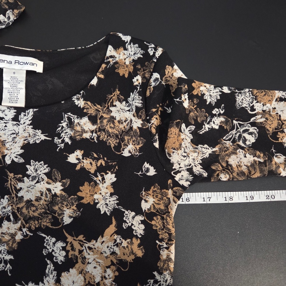 Vtg Rena Rowan Floral Mesh Top Black Brown White 3/4 Sleeve Top S Whimsigoth Y2K - Picture 6 of 8